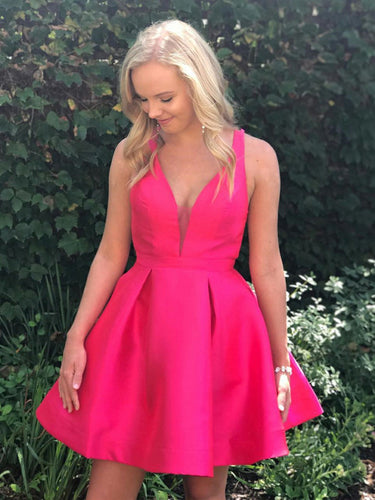 Cute A-line V Neck Open Back Fuchsia Short Prom Homecoming Dresses