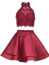 Cute Blue Two Pieces Lace Satin Short Prom Dress Homecoming Dress PG196