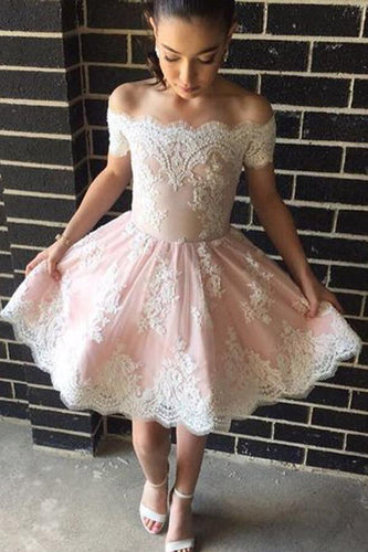 Cute Off The Shoulder A-line Short Pink Lace Homecoming Dress PG143