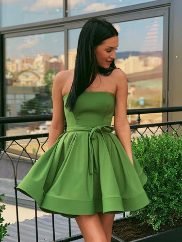 Cute Short A-line Strapless Satin Graduation Formal Prom Dresses