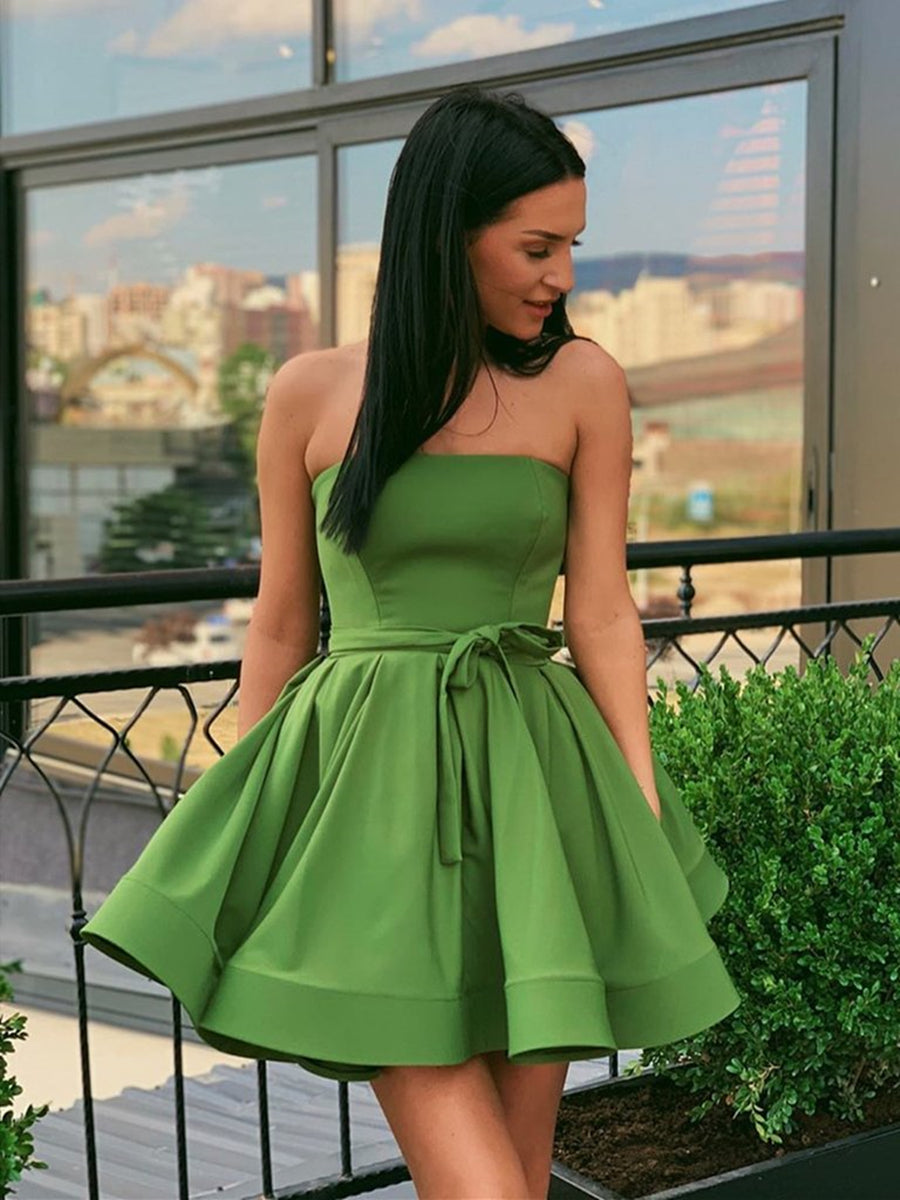 Cute Short A-line Strapless Satin Graduation Formal Prom Dresses