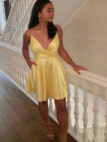 Cute Short A-line V Neck Satin Prom Homecoming Dresses with Pockets