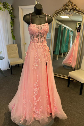 Cybele | Coral Spaghetti-Straps A Line Tulle Prom Dress With Appliques