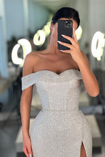 Off-the-Shoulder Mermaid Sequins White Prom Dress With Split