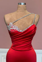 Red Satin One Shoulder Prom Dress with Sleeveless Beaded Detail