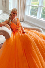 Marigold |A-Line V-Neck Long Tulle Prom Dress with Appliques