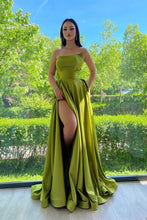 Long Strapless A-Line Satin Front Slit Prom Dresses with Pockets