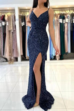 Dark Blue Glitter Long Mermaid Spaghetti Straps V-neck Prom Dresses With Slit