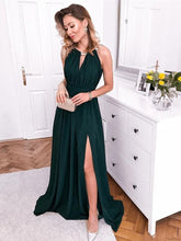 Dark Green Long A-line Halter Backless Formal Prom Dresses with Slit