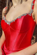 Bellamy | Mermaid V Neck Red Satin Slit Prom Dress with Beading