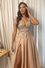 Split Front A-line Off-the-Shoulder Lace V-Neck Applique  Prom Dress