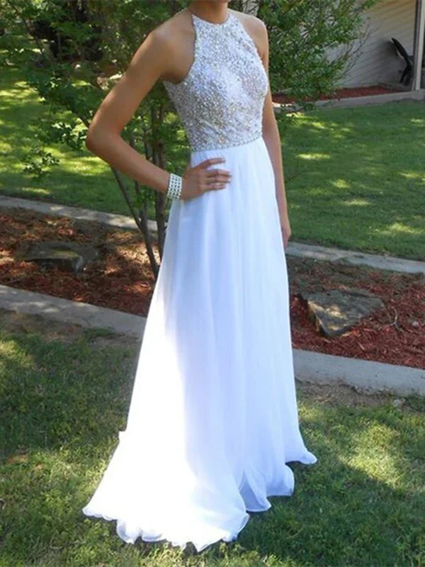 A Line High Neck Long Prom Dresses Formal Wedding Dresses