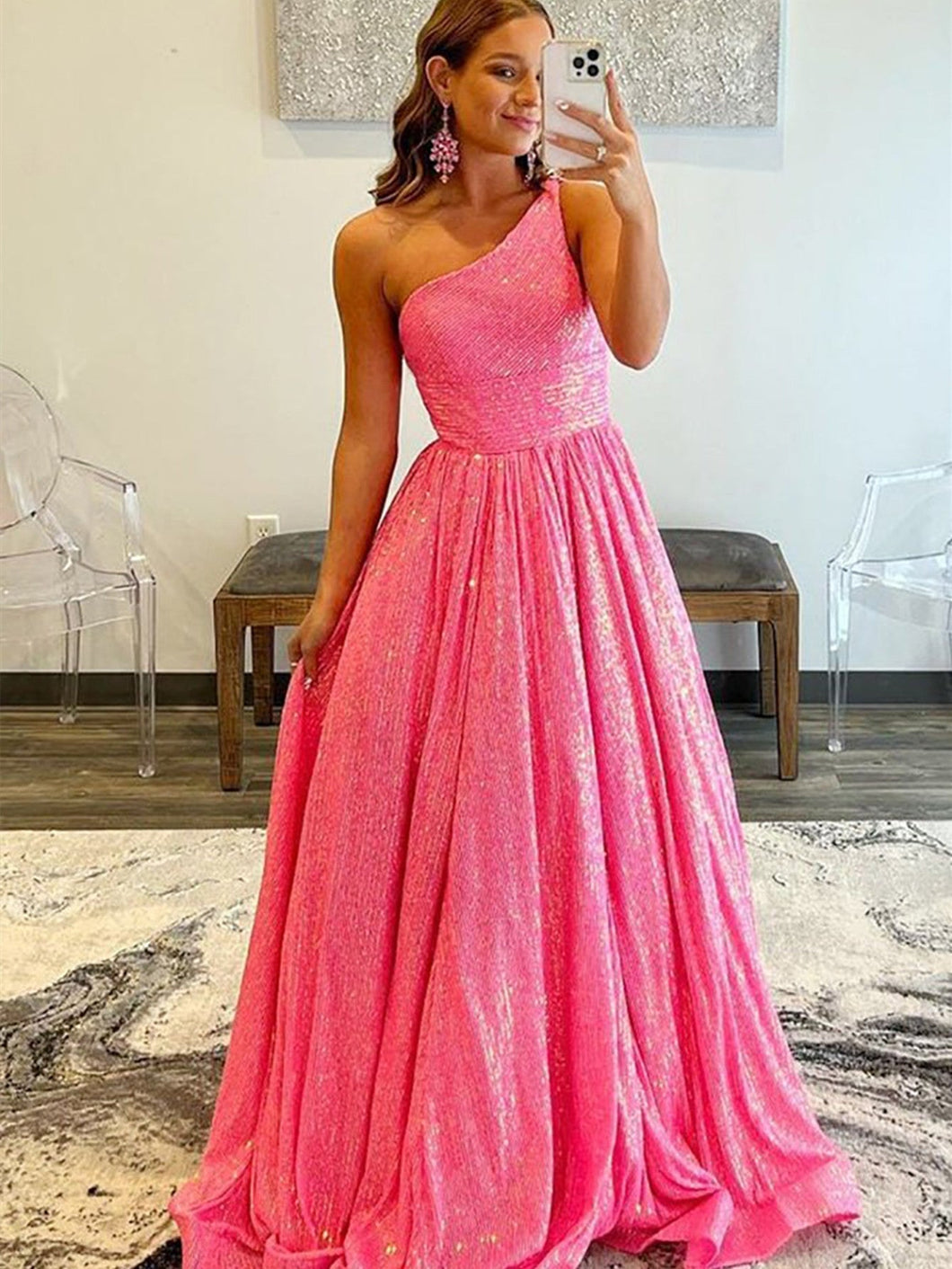 Charlee |A-Line One Shoulder Sequins Prom Dress with Pockets