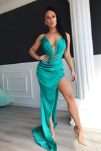 Sexy Long Mermaid V-Neck Satin Evening Prom Dress With Split