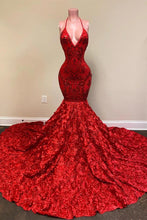 Sexy Deep V Neck Open Back Red Halter Spaghetti Straps Sequin Mermaid Prom Dress
