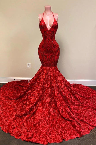 Sexy Deep V Neck Open Back Red Halter Spaghetti Straps Sequin Mermaid Prom Dress