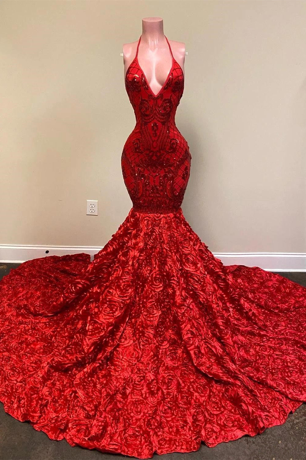 Sexy Deep V Neck Open Back Red Halter Spaghetti Straps Sequin Mermaid Prom Dress