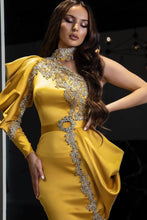 Yellow Halter Mermaid One Shoulder Long Sleeve Prom Dress With Beadings