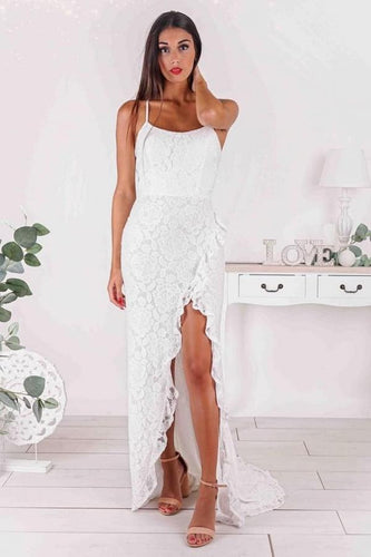 Slit Mermaid Strapless Spaghetti Straps Prom Dress with Lace Applique