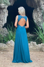 V Neck Split Front Chiffon Long Evening Dress with Elegant Appliques Lace