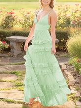 Decebal | A Line Pink Chiffon Tiered Ruffles Long Prom Dress