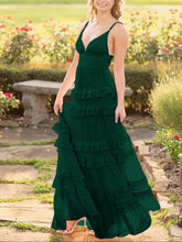 Decebal | A Line Pink Chiffon Tiered Ruffles Long Prom Dress