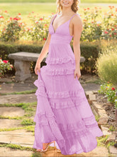 Decebal | A Line Pink Chiffon Tiered Ruffles Long Prom Dress