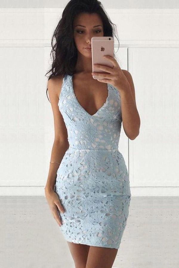 Deep V-Neck Sleevelss Short Light Blue Lace Homecoming Dress PD294