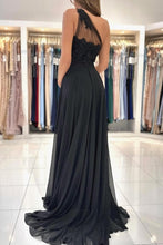 Designer Long Black Evening Dresses One Shoulder Lace Prom Dresses With Slit