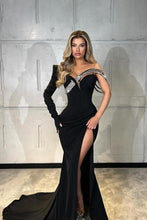 Designer Long Black Mermaid One Shoulder Satin Glitter Long Sleeve Prom Dress with Slit