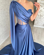 Designer Long Blue A-line One Shoulder Sleeveless Prom Dress