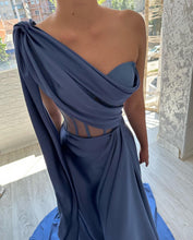 Designer Long Blue A-line One Shoulder Sleeveless Prom Dress