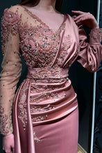 Designer Long Pink Beading Lace Evening Dress With Long Sleeves