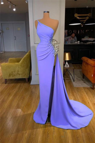 Designer Purple One Shoulder Beading Sleeveless Prom Dress With Slit