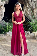 V Neck Split Front Chiffon Long Evening Dress with Elegant Appliques Lace