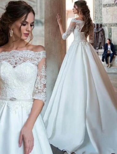 Engagement Formal Wedding Dresses Ball Gown Off Shoulder Half Sleeve Sweep / Brush Train Satin Bridal Gowns With Pleats Appliques
