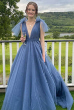 Dark Blue Plunge V Bow-Strap A-Line Long Prom Gown