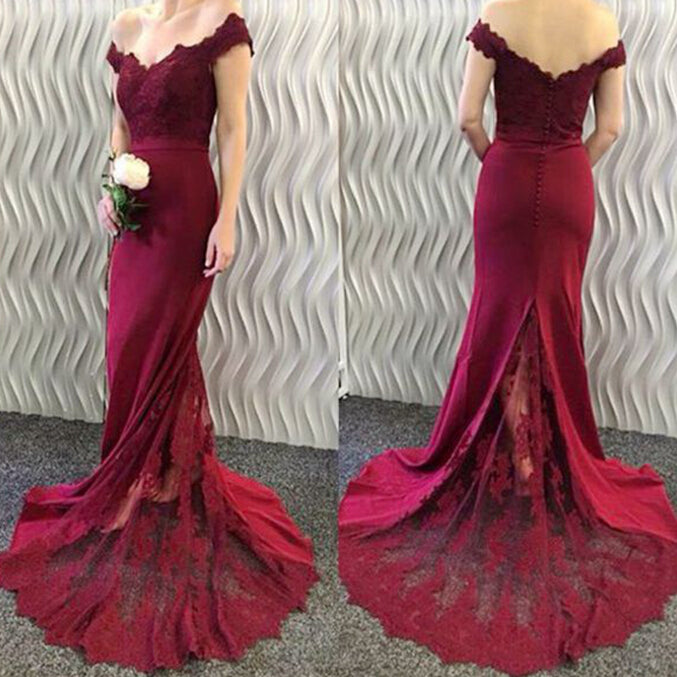 Lace Burgundy Bridesmaid Dress Off-the-Shoulder Mermaid Prom Dresses