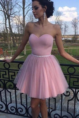 Dusty Pink Tulle Sweetheart Strapless With Beaded Sash Homecoming Dresses PD341