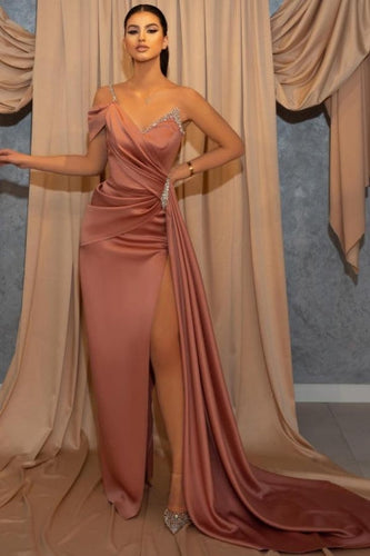 Dusty Rose One Shoulder Long Glitter Slit Mermaid Prom Dresses