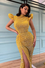 Long Sequined High Neck Beaded Mermaid Prom Dress With Split