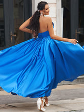 Regal Sapphire A-Line Draped V-Neck Backless Prom Dress