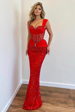 Stunning Long Mermaid Sequined Straps Tulle Formal Prom Dress