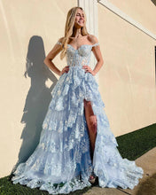 Capri | Blue Crystal Sequins Princess A Line Off the Shoulder Prom Dress with Lace Ruffles
