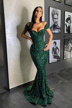 Portrait Sweetheart Sequined Long Mermaid Prom Dress with Ruffles