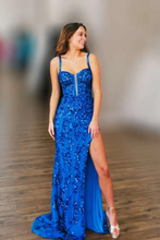 Royal Blue Long Mermaid Backless Sequin Applique Lace Prom Dress with High Slit