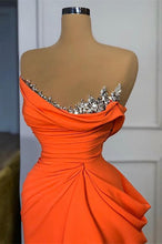 Sequined Strapless Orange Mermaid Draped Satin Long Prom Dress