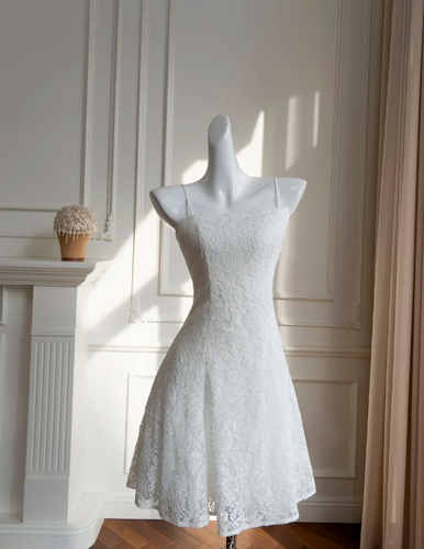 Classy White Spaghetti Straps Lace A Line Homecoming Dress Mini Party Dress Y8584