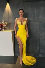 Sweetheart Yellow Mermaid Prom Dress with Slit and Beads