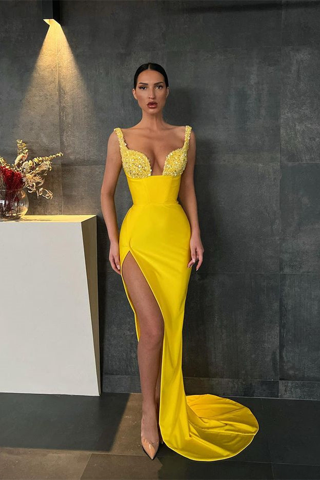 Sweetheart Yellow Mermaid Prom Dress with Slit and Beads